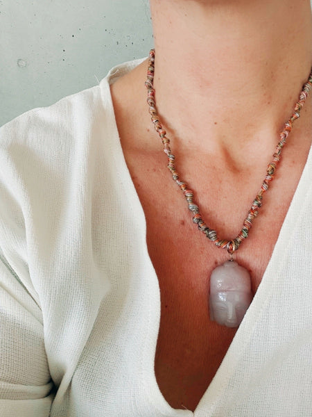 Bodhi carved rose agate Buddha pendant necklace — handmade in Lausanne, Switzerland by Carmen Salvador
