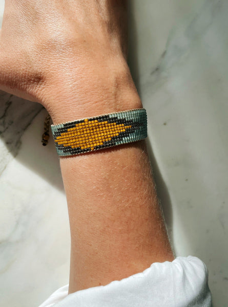 Sue Bracelet. Turquoise, silver and mustard beaded bracelet. Carmen Salvador Handmade Jewelry. Miyuki beads